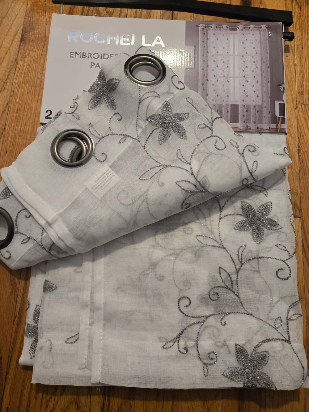 Rochelle White Sheer Curtain Panel with Silver Floral Embroidery